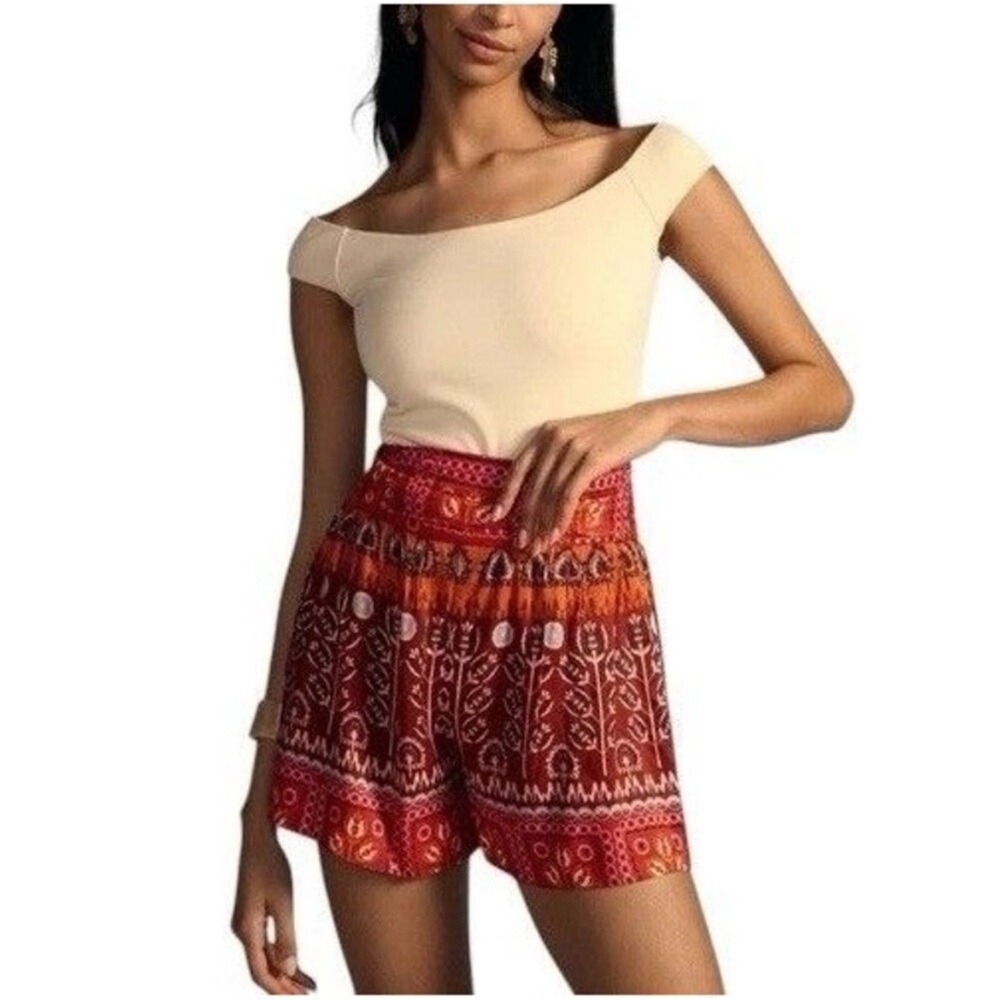 Anthropologie Shorts Boho Floral Smocked‎ High Waist Red Orange Women's Small